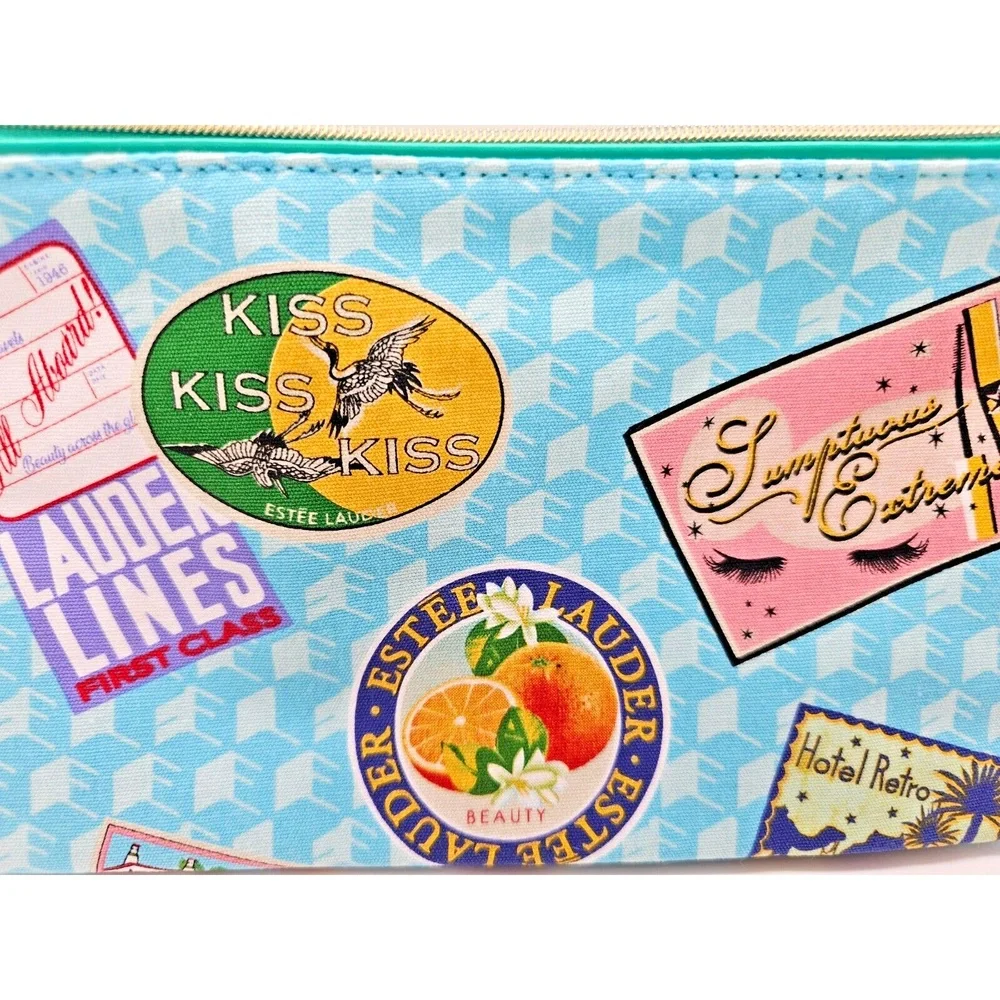 Estée Lauder Blue Travel-Themed Cosmetic Bag Makeup Zipper Pouch Stylish Organiz